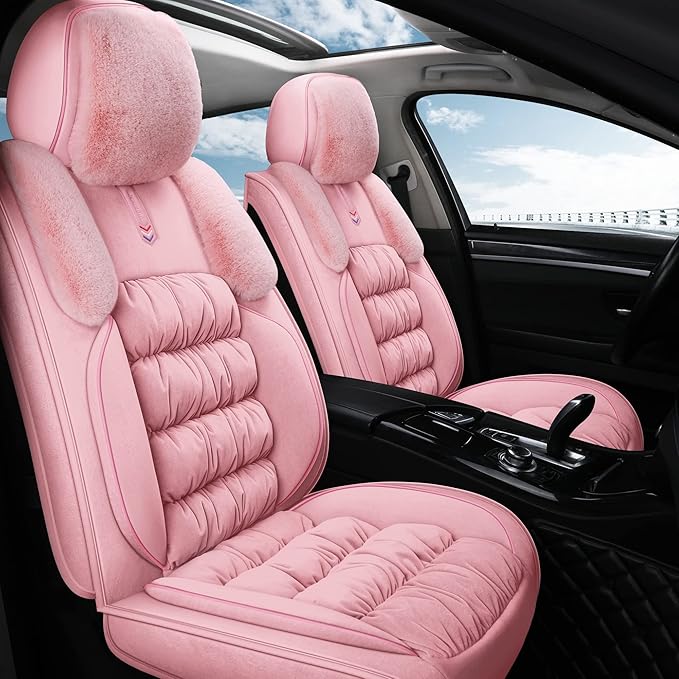 AOOG Fuzzy Leather Car Seat Covers, Heated Front Bench Back Cushion Protector for Cars SUV Trucks (Front seat, Pink)