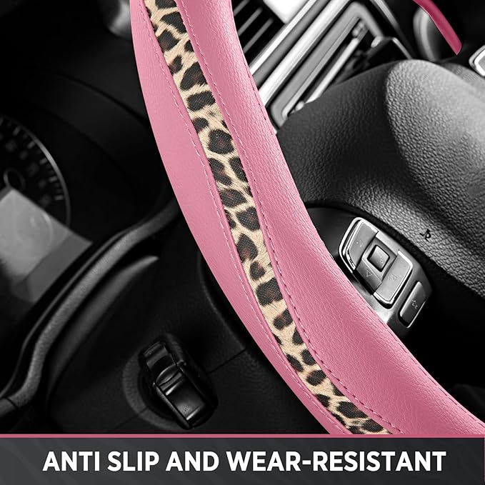 Road Comforts D-Type Steering Wheel Cover - Made with PVC Leather and Leopard Fabric - Universal Fit for 15-Inch D-Shaped Automotive Steering Wheels (Pink Color)