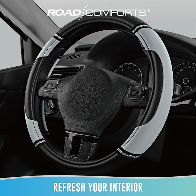 Road Comforts Leather Steering Wheel Cover - Made with PVC Leather - Anti-Slip, Universal Fit 14 1/2 inches to 15 inches - Gray