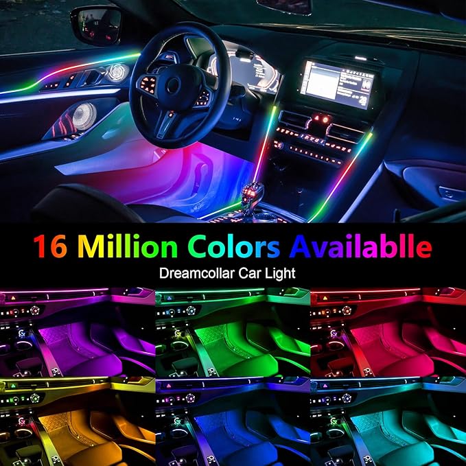 Dreamcolor Acrylic Interior Car LED Strip Light with Wireless APP Control, RGB 14-in-1 Ambient Lighting Kit with Music Sync, Dynamic Color Chasing Neon Lights for Car Interior
