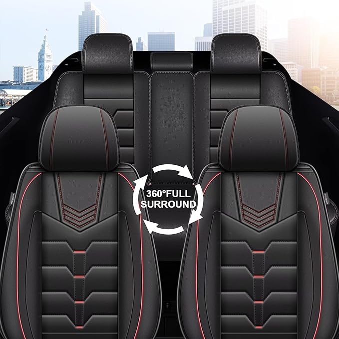 Seat Covers Fit for Chevrolet Chevy Traverse LS/LS Fleet/L 2018-2024 Full Set Car Seat Cover Faux Leather Seat Cushion Waterproof Auto Protectors(Black & Red Line)-2 Rows 5 Seats