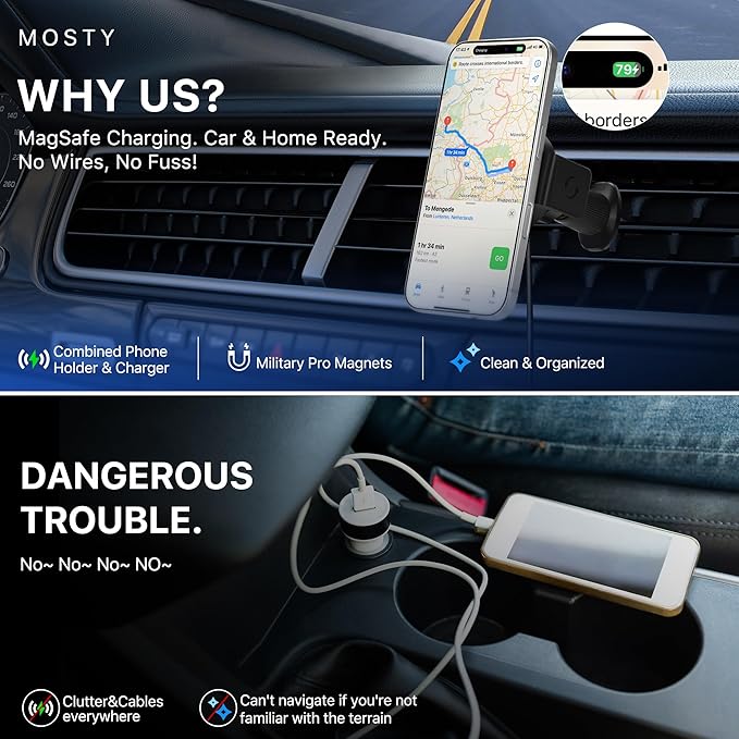 Wireless Car Charger, 15W Fast Car Mount Charger for iPhone 17/16/15/14/13/12/11/10/9/8 Series & Samsung, Auto-Clamping Magnetic Car Phone Holder with Fast Charging for Car & Home Use,Black