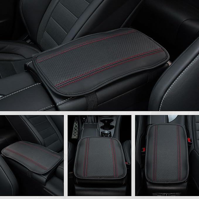 Amiss Car Center Console Pad, Universal Waterproof Car Armrest Seat Box Cover, PU Leather Auto Armrest Cover Protector，Vehicle Interior Accessories fits SUV/Truck/Car (Black-Red)