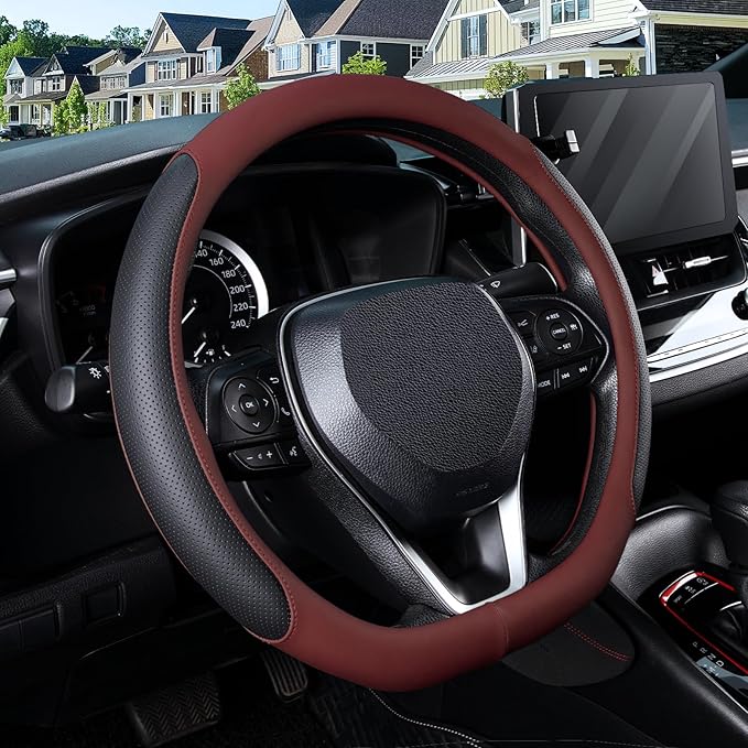SEG Direct D Shaped Steering Wheel Cover for 14.5-15 inch Flat Bottom Wheels, Breathable Perforated Microfiber Leather, Anti-Slip Grip, Universal Fit for Cars & SUVs, Black and Burgundy
