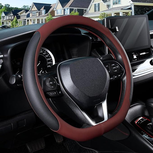 SEG Direct D Shaped Steering Wheel Cover for 14.5-15 inch Flat Bottom Wheels, Breathable Perforated Microfiber Leather, Anti-Slip Grip, Universal Fit for Cars & SUVs, Black and Burgundy