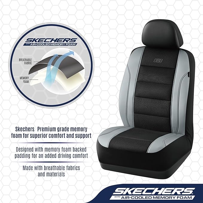 Skechers Aircooled & Memory Foam Car Seat Covers,Premium Leather with EVA Mesh Seat Covers, Front car seat Protector, Airbag Compatible, Automotive Comfort for Most Cars, Vans, Trucks, SUV,Gray