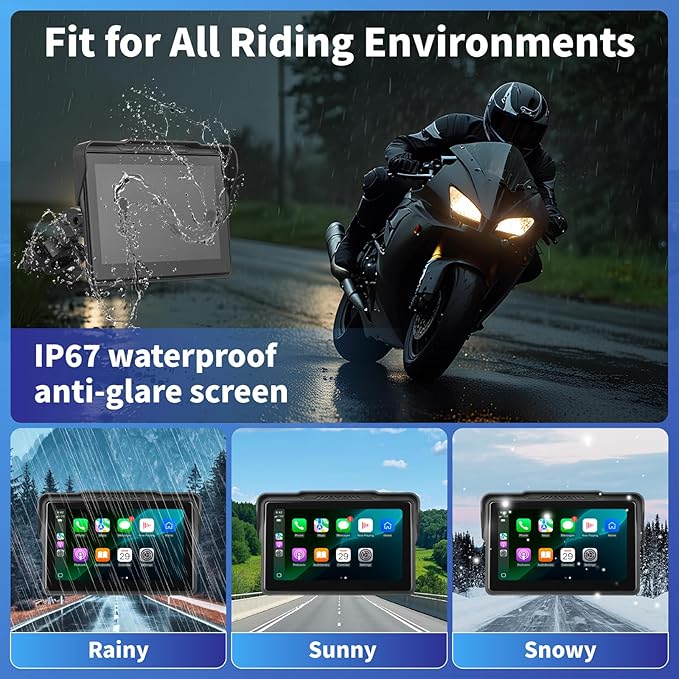 Motorcycle CarPlay Screen 7", Waterproof GPS Display for Motorbike, Wireless CarPlay & Android Auto para Moto, Dual Bluetooth, Touchscreen, Music Sharing Siri (7" Wireless CarPlay)