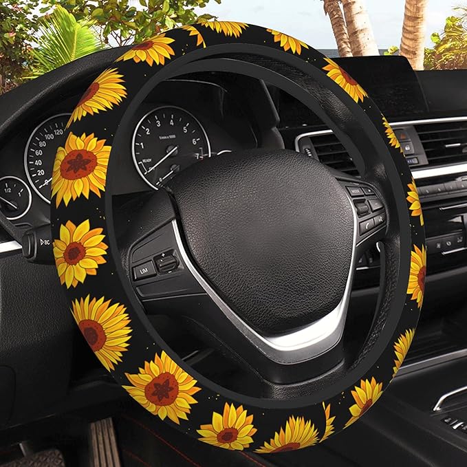 Yellow Sunflowers Steering Wheel Covers Universal 15 Inch Car Wheel Cover,Anti-Slip Breathable Car Accessories Protector Fit for Trucks,Sedans,SUVs,Vans
