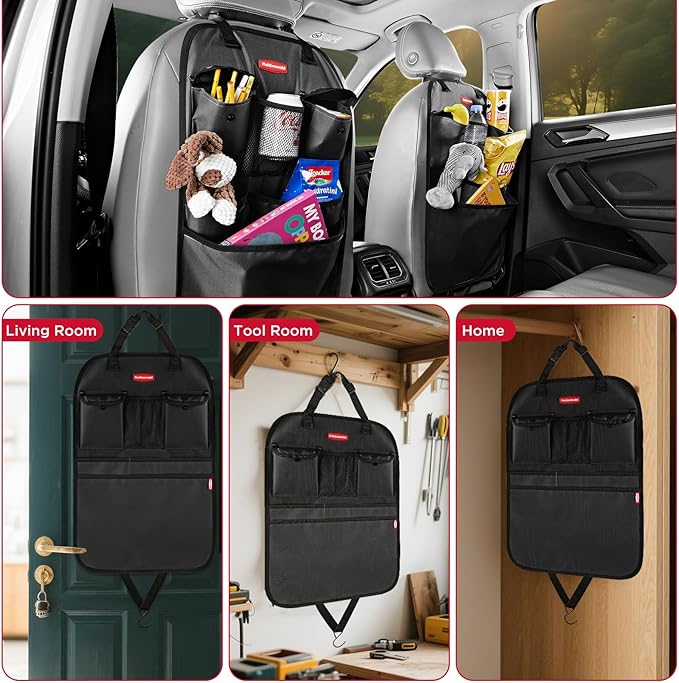 Rubbermaid Backseat Car Organizer, Kick Mats and Seat Back Protector, Car Organizer for Kids with 6 Storage Pockets, Travel Essentials for SUV, Truck, Car - 2 packs Black