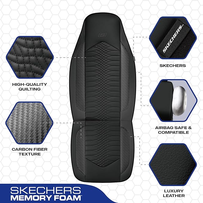 Skechers Memory Foam Car Seat Covers, Leather High Back Seat Covers Quilting Design,Waterproof Sports Car Seat Covers Front Seats,Airbag Compatible, Universal Fit for Most Cars, SUVs,Trucks,Black