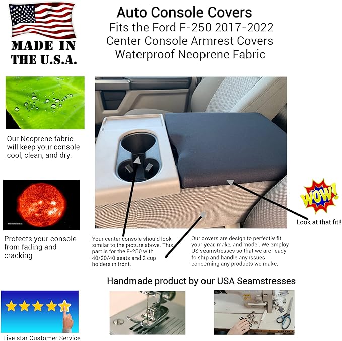 Auto Console Covers- Fits The Ford F-250 Super Duty 2017-2022 Center Console Armrest Lid Cover Waterproof Neoprene Fabric -Black