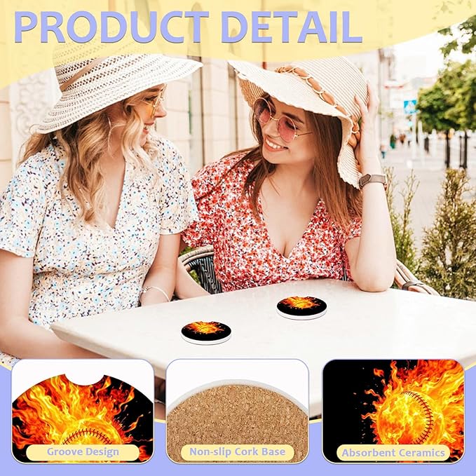 2 Pack Car Cup Holder Coaster-Baseball Absorbent Ceramic Coaster, Car Coasters for Cup Holders,Auto Accessories for Women & Men