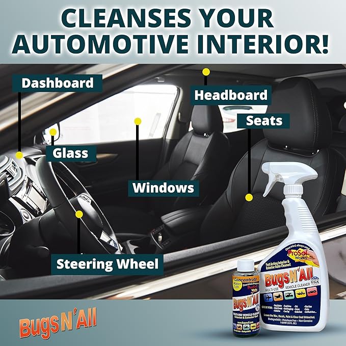Bugs N’ All Multipurpose Car Cleaner & Degreaser - Bug & Tar Remover Concentrate 4 oz - Exterior Cleaner Safe for Car Paint, Metal, Chrome, Aluminum, Windows & Mirrors - w/Free 32 oz Spray Bottle