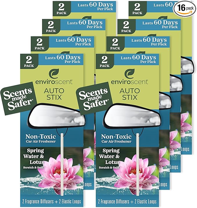 Enviroscent Non-Toxic Car Air Freshener | Natural Car Air Freshener | Essential Oil Diffuser | Car Scent Lasting Over 480 Days | 8 Packs of 2 Hanging Auto Stix (Spring Water & Lotus)