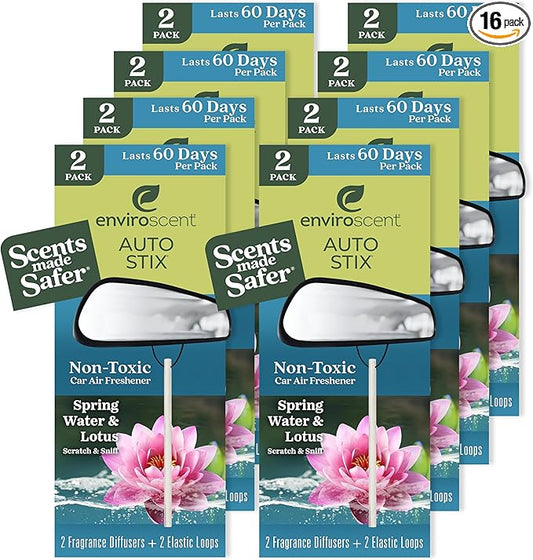 Enviroscent Non-Toxic Car Air Freshener | Natural Car Air Freshener | Essential Oil Diffuser | Car Scent Lasting Over 480 Days | 8 Packs of 2 Hanging Auto Stix (Spring Water & Lotus)