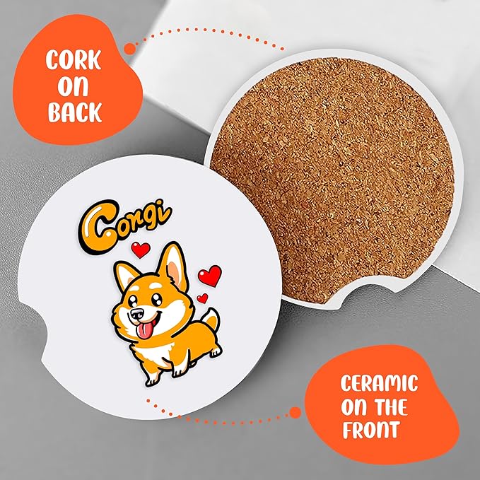 2 Pack Corgi Car Cup Holder Coaster, Cute Car Interior Accessories Drink Coaster for Women & Men, Corgi Lovers Themed Gifts Stuff Accessories Things Merchandise Items!