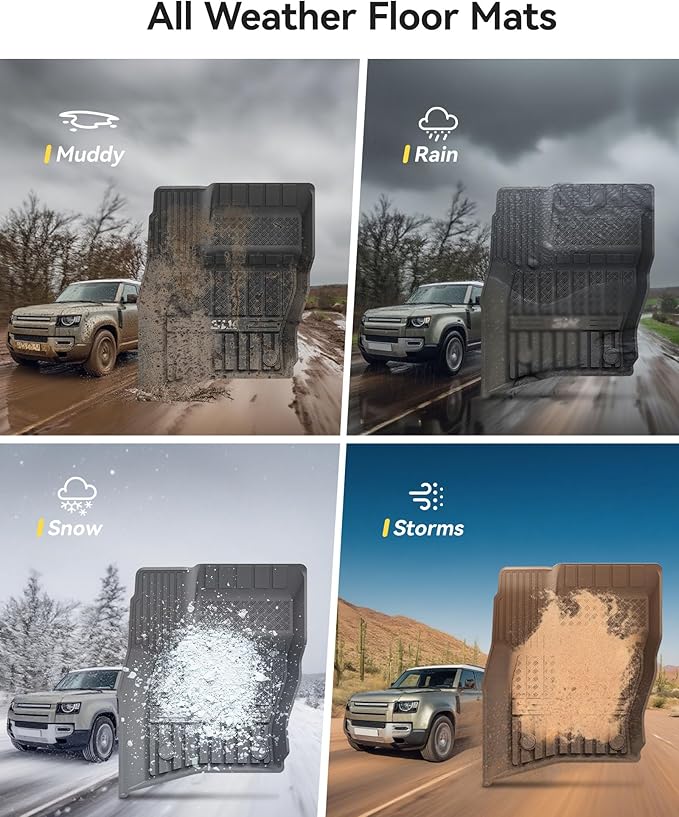 3W Floor Mats&Cargo Liner Fit Land Rover/Range Rover Defender 110 (4 Doors 5 Seat Only) 2020-2024 2025 (Not for Defender 110s/Rubber Flooring), TPE All Weather Custom Fit Floor Liner Full Set, Black