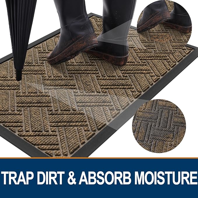 OLANLY Indoor Outdoor Mat, Sturdy Natural Rubber Floor Mat, Non Slip Low Profile Waterproof Doormat, and Stain Front Door Mats, Easy Clean Patio Entrance Mat, 30''x17'', Brown