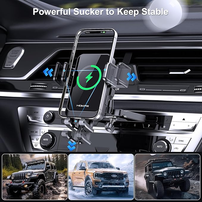 Wireless Car Charger, MOKPR 15W Fast Charging Auto Clamping CD Slot Air Vent Car Phone Holder with LED Light Car Charger for iPhone 16/15/14/13/12 Pro Max Plus, Samsung S23/S22/S21,etc