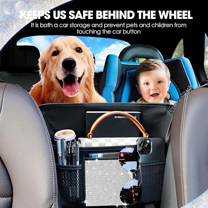 White Diamand Car Handbag Holder Between Seats Bling Crystal Car Storage Bag Large Capacity Purse Phone Ipad Automotive Consoles Organizer Safe Barrier of Backseat Pet Kids