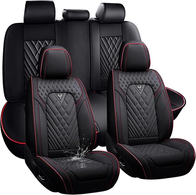 Universal Leather Auto Seat Cover - 5 Seat, Front and Rear, Black & Red