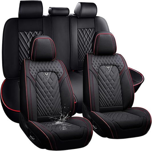 Universal Leather Auto Seat Cover - 5 Seat, Front and Rear, Black & Red