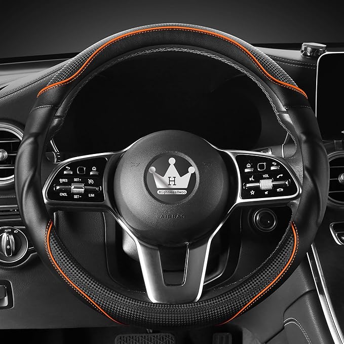 3D Car Steering Wheel Cover Comfort Grip Massage Sporty Anti-Slip Carbon Fiber Faux Leather for Sedan SUV, Universal Fit, Car Handle Covers for All Seasons, 14.75-15.15in, Orange