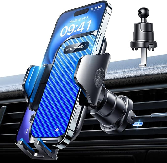 VANMASS Car Phone Holder Mount 2025 Upgraded [Patent Steel-Hook] Car Vent Phone Mount Clip Military-Grade Shockproof Cell Phone Car Mount Handsfree Truck Stand Vent Cradle for iPhone 16 Android,Blue