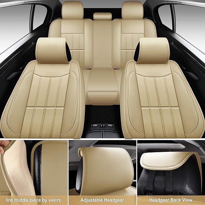 AOOG Leather Car Seat Covers for Cars SUV Pick-up Truck, Universal Full Set, Beige