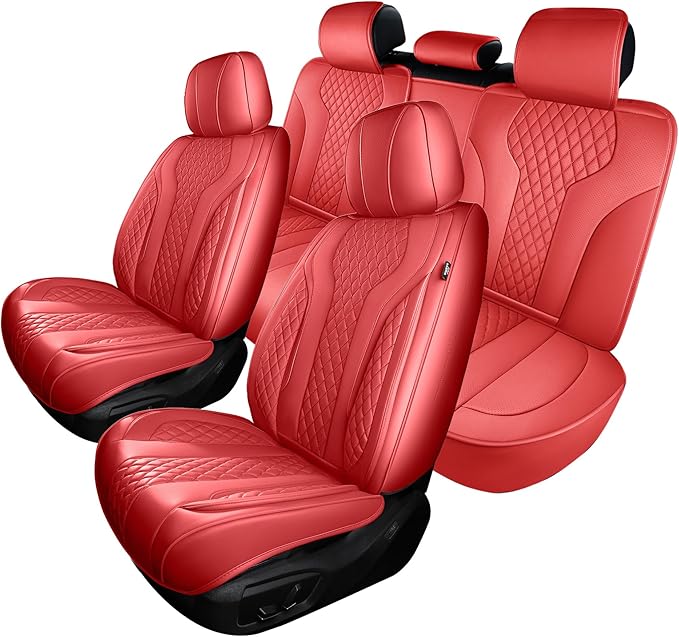 Leather Car Seat Covers - Breathable Faux Leather Seat Covers Full Set for Cars SUV Sedan - Waterproof - RED