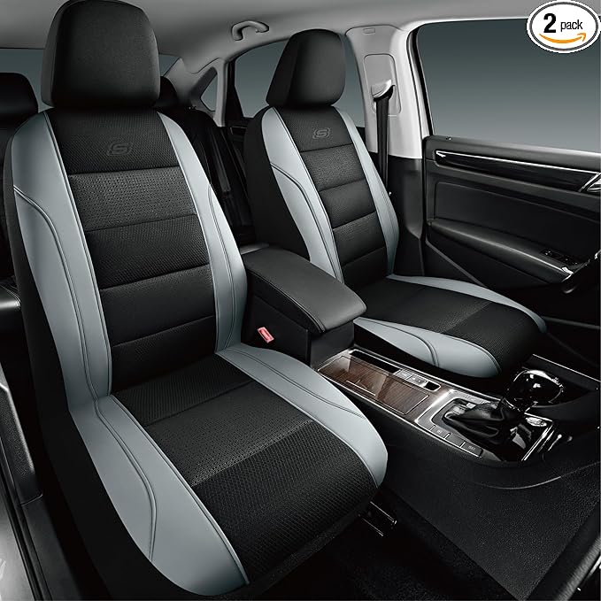 Skechers Aircooled & Memory Foam Car Seat Covers,Premium Leather with EVA Mesh Seat Covers, Front car seat Protector, Airbag Compatible, Automotive Comfort for Most Cars, Vans, Trucks, SUV,Gray