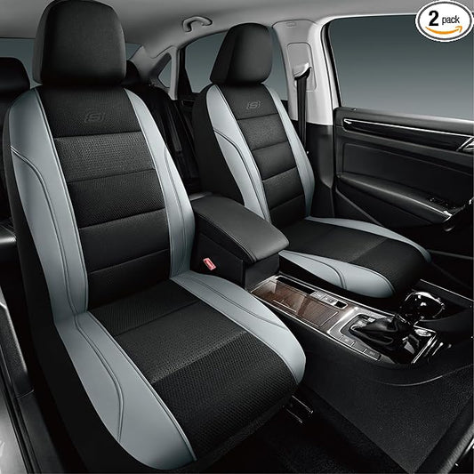 Skechers Aircooled & Memory Foam Car Seat Covers,Premium Leather with EVA Mesh Seat Covers, Front car seat Protector, Airbag Compatible, Automotive Comfort for Most Cars, Vans, Trucks, SUV,Gray