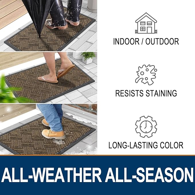 OLANLY Indoor Outdoor Mat, Sturdy Natural Rubber Floor Mat, Non Slip Low Profile Waterproof Doormat, and Stain Front Door Mats, Easy Clean Patio Entrance Mat, 30''x17'', Brown