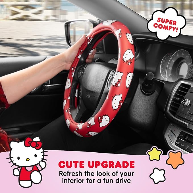 Sanrio Hello Kitty Red Steering Wheel Cover, Universal Fit Cute Car Accessories for Women Stylish SUV, Truck Decor Gifts - Fits Standard Wheels 14.5"-15" (Hello Kitty Red)