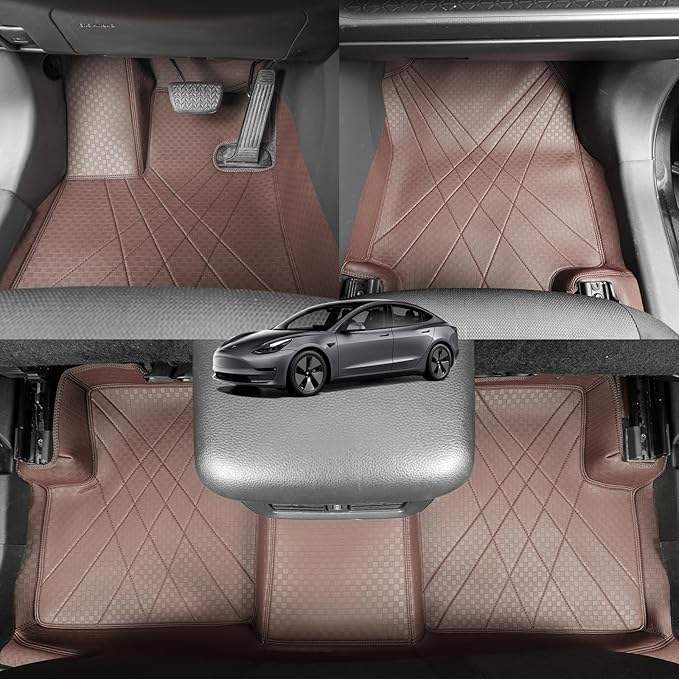 EKR Custom Floor Mats for Tesla Model 3 2024-2025, Front & 2nd Row Luxury Car Floor Mat Fit Model 3 2024 2025 - Leatherette Floor Liners(Brown)