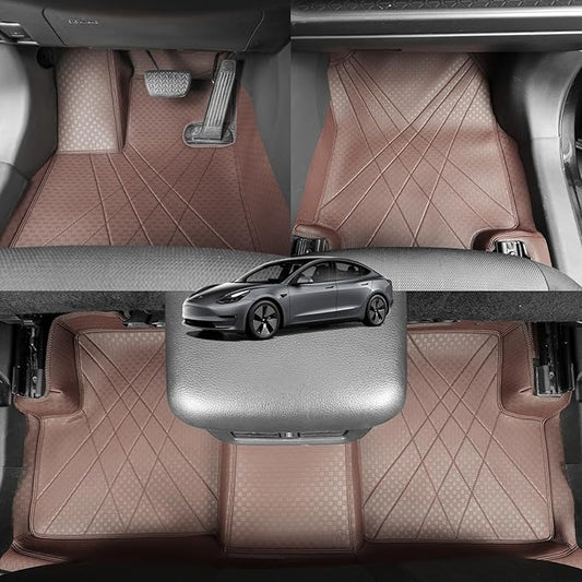 EKR Custom Floor Mats for Tesla Model 3 2024-2025, Front & 2nd Row Luxury Car Floor Mat Fit Model 3 2024 2025 - Leatherette Floor Liners(Brown)