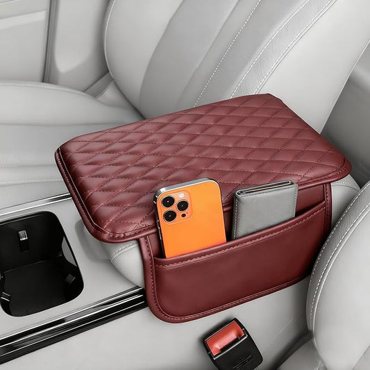 Upgraded Car Center Console Cover, Leather Armrest Cushion Pad with 2 Storage Bags, Microfiber Soft Waterproof Seat Box Cover Protector, Car Interior Decor Accessories Fit for Most Cars, Vehicles