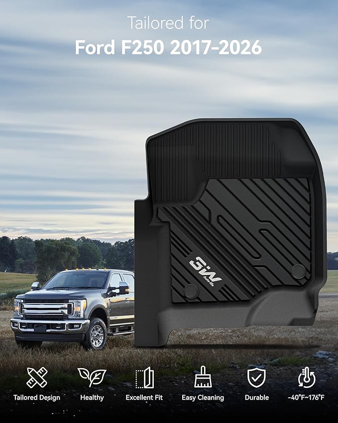 3W Floor Mats Fit for Ford F250 F350 F450 F550 2017-2025 2026 Super Duty Crew Cab Bucket Seat with Under Seat Storage, All Weather TPE Custom Fit F 250 Floor Liner(Not for Vinyl Floor), Upgraded