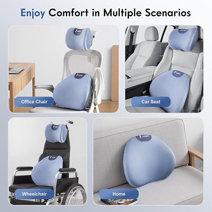 FLORICH Lumbar Support Pillow and Neck Pillow for Office Chair Car, Ergonomic Memory Foam Back Support for Office Gaming Chair Driving Seat Wheelchair, Relieves Neck, Back & Sciatica Pain – Blue