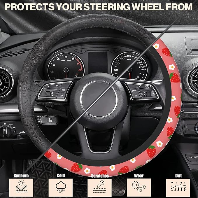 Strawberry Steering Wheel Cover,Strawberries Flower Elastic Non-Slip Steering Wheel Protector,Auto Interior Decor for Women Girls,Universal 15" Fit for Sedans,Trucks