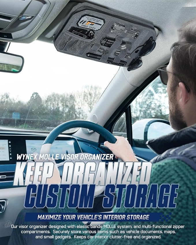 WYNEX Molle Car Sun Visor Organizer, Original Design Car Accessories with Zipper Visor Storage Pouch & Glasses Clip, Semi-Rigid Molle Panel for Tactical Gears, Fits Most Vehicles, SUVs, Trucks