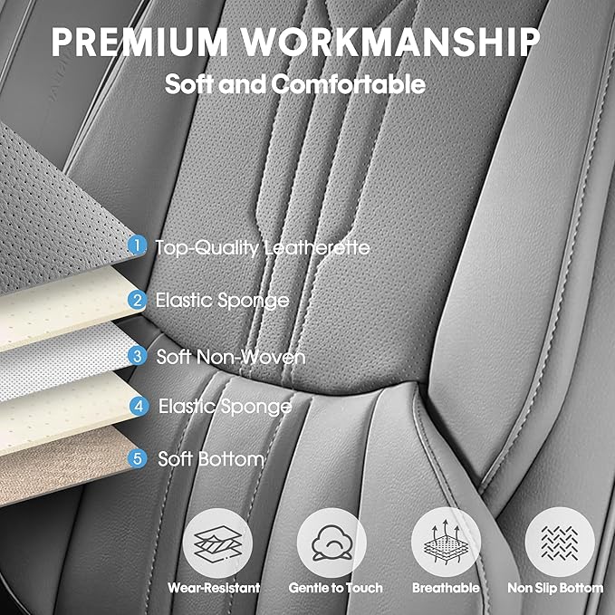 AOOG Car Seat Covers Full Set, Leather Seat Covers for Car, Waterproof Car Seat Protector with Lumbar Support, Automotive Seat Covers Universal Fit for Most Cars SUV Trucks (Full Set, Grey)