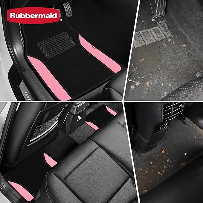 Rubbermaid Car Mats, Carpeted Floor Car Mat with Faux Leather & Built-in Heel Pad, Two-Tone Car Rug Floor Mats, Stylish Carpeted Floor Mats for Cars, Trucks & SUVs Pink Color