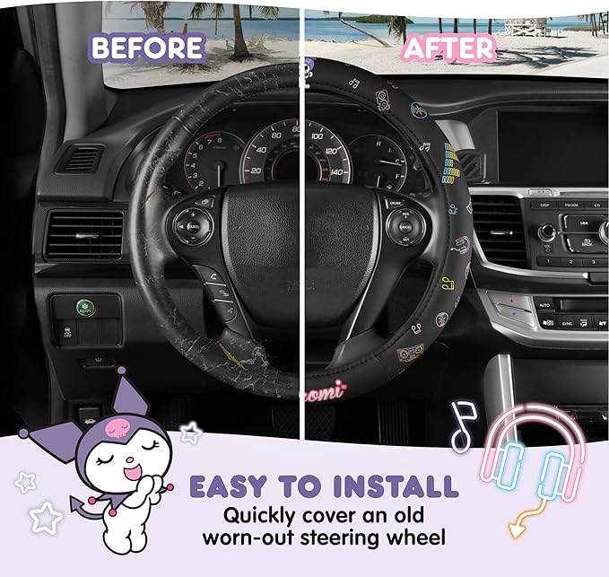 Sanrio Hello Kitty and Friends Kuromi Black Car Steering Wheel Cover, Universal Fit Cute Accessories for Women Stylish Decor Gifts Hello Kitty Accessories - Fits Standard Wheels 14.5"-15"