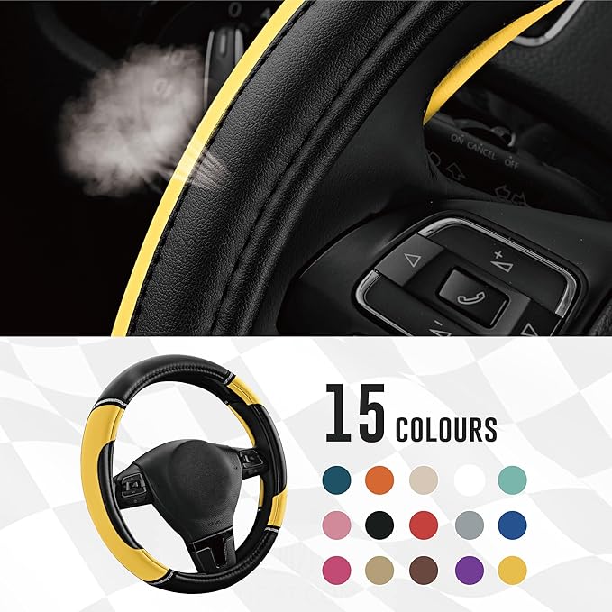 Road Comforts Leather Steering Wheel Cover - Made with PVC Leather - Anti-Slip, Universal Fit 14 1/2 inches to 15 inches - Yellow