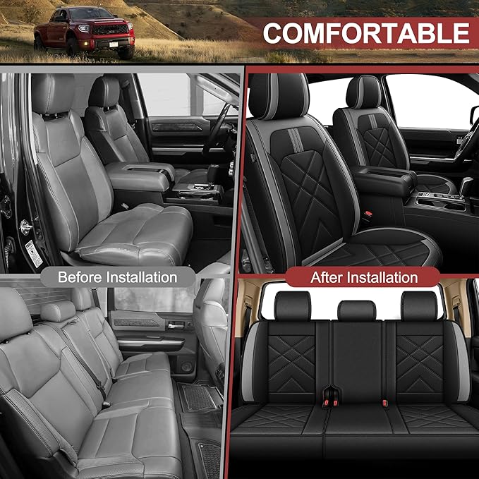 AOMSAZTO Seat Covers Custom Fit for 2014-2021 Toyota Tundra Crewmax Double Cab Breathable Leather Truck Car Seat Covers Full Set (Black&Grey)