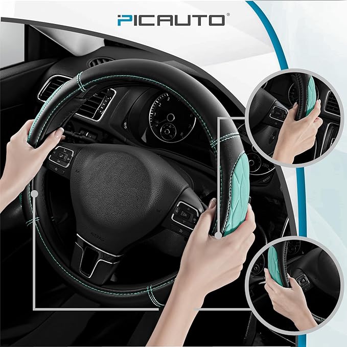 PIC AUTO Steering Wheel Cover, Mint Thick Rhombic Foam and Premium Leather, Universal 14.5-15.5 Inch Breathable Anti-Slip Steering Wheels Accessories for Men & Women