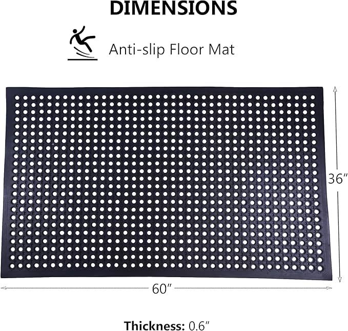 OrangeStar 2 Pack Rubber Floor Mat, 36"x60" Anti-Fatigue Door Mat w/Holes for Restaurant, Kitchen, Bar, Indoor/Outdoor, Black