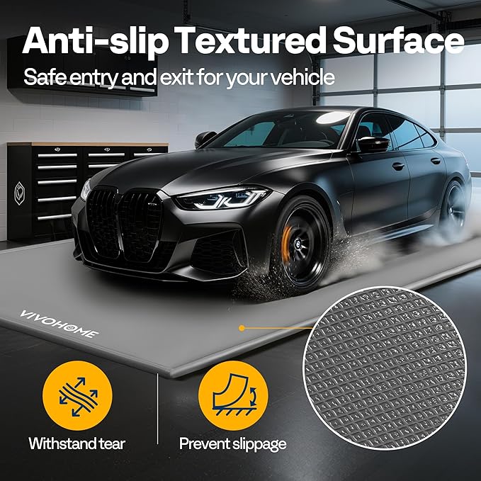 VIVOHOME Containment Mat (7'9" x 18') with Stay Put Corner, PVC Garage Floor Mats, Heavy Duty Garage Parking Mat with a Squeegee, Gray