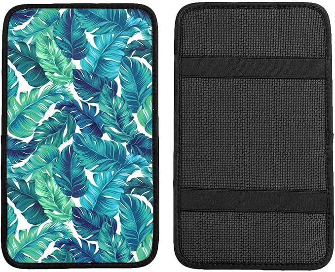 Palm Leaves Leaf Tropical Hawaiian Summer Green Auto Center Console Armrest Pad Universal Car Center Console Cover Seat Box Cover for Sedan, Van, SUV, Truck Car Accessorie